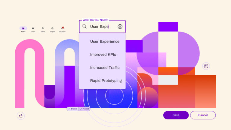 An illustrative representation of a user interface, where a search input contains "User Expe" with suggested results like "User Experience"